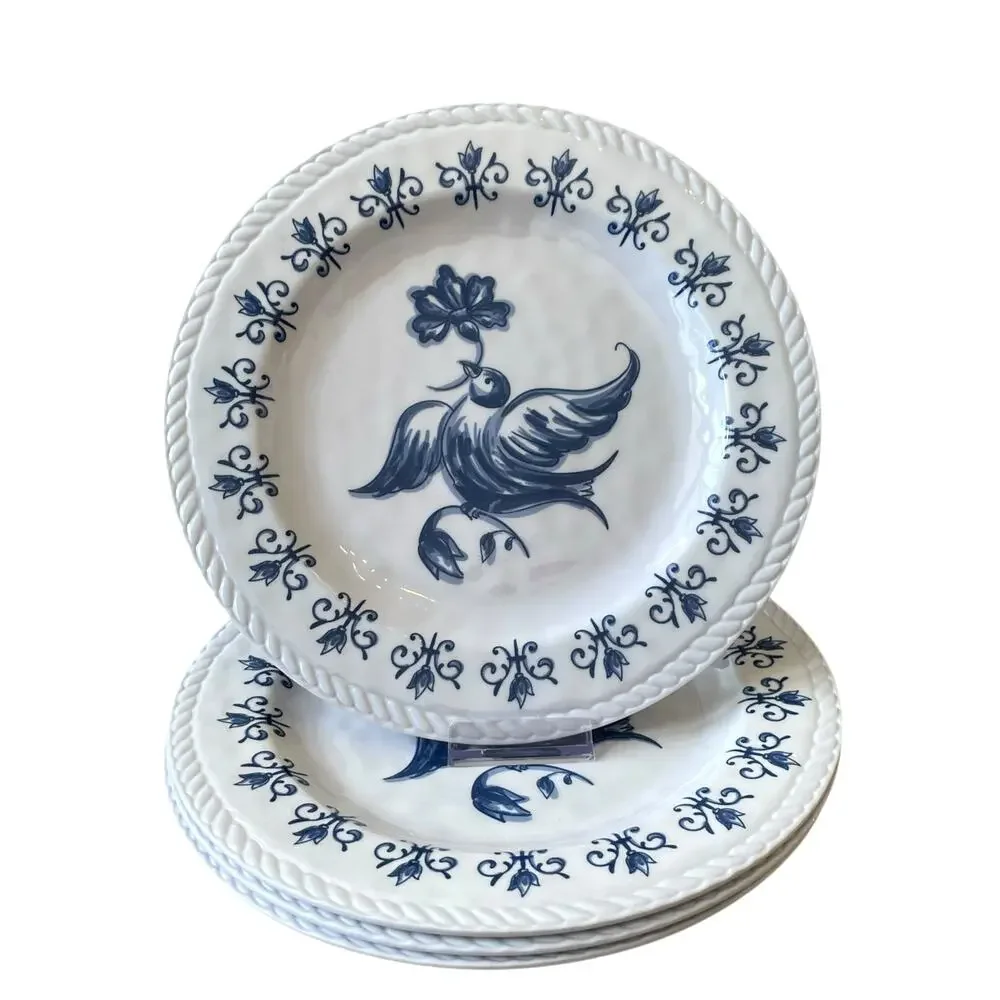 TAHARI Dove Bird of Peace Melamine Dinner Plates 11in  Set of 4 Blue & White NEW